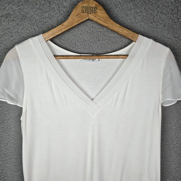 Blouse Top Tee S White V-Neck Sheer Short Cap Flutter Sleeve Pullover Relaxed - Picture 4 of 8